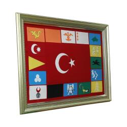 e38 EL İŞÇİLİĞİ TÜRK DEVLETLERİ BAYRAĞI KIRKYAMA TABLO 121 x 88 cm - 6090 - 3