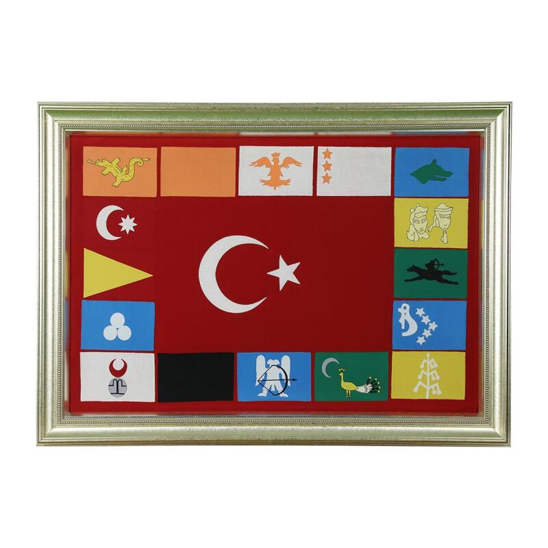 e38 EL İŞÇİLİĞİ TÜRK DEVLETLERİ BAYRAĞI KIRKYAMA TABLO 121 x 88 cm - 6090 - 1